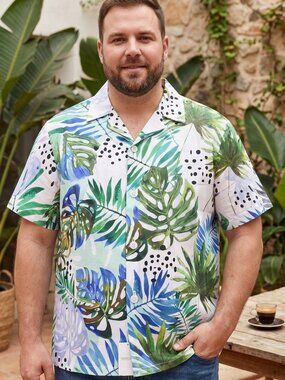 NWT | SANGTREE Men’s Tropical Monstera Palm Leaf Button Up Camp Shirt | 2XL